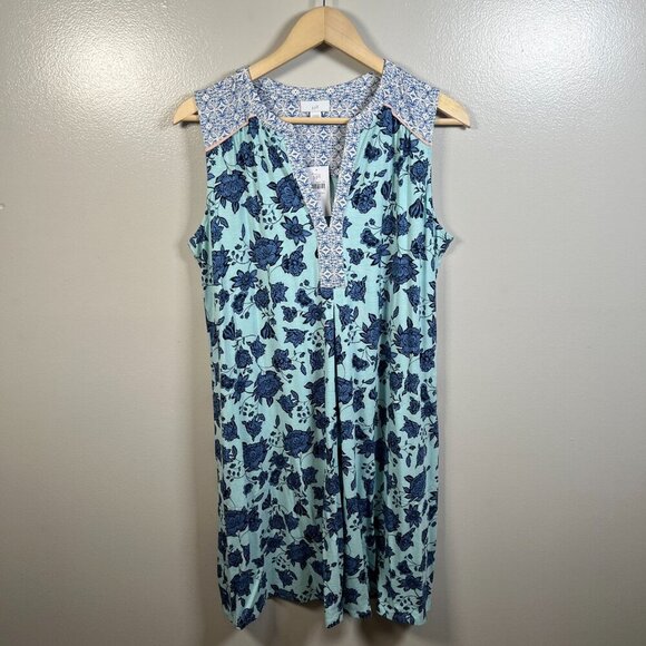 J. Jill Shift Dress Size Large Petite Blue Floral V-neck Casual Comfy Pockets - Picture 1 of 10